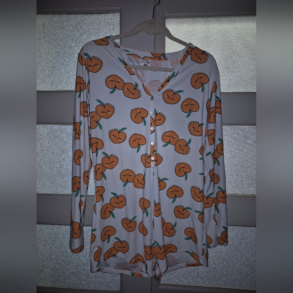Women Summer Short Jumpsuit Peach Patterns Long Sleeve Slim Pajama